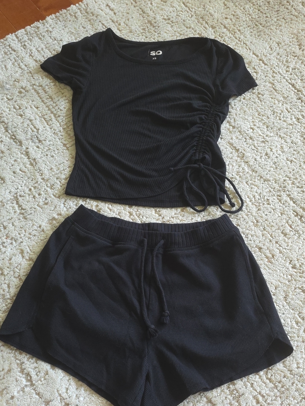 SO Black Ribbed Side-Ruched Crop Top and Drawstring Shorts Set